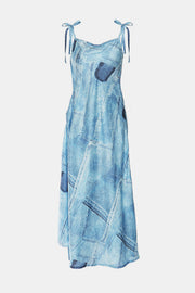 Tie-Shoulder Split Patchwork Denim Dress - Ruby's Fashion