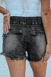 Elastic Waist Distressed Raw Hem Denim Shorts - Ruby's Fashion