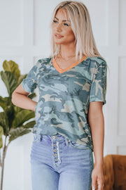 Camouflage Two-Tone V-Neck Tee - Ruby's Fashion