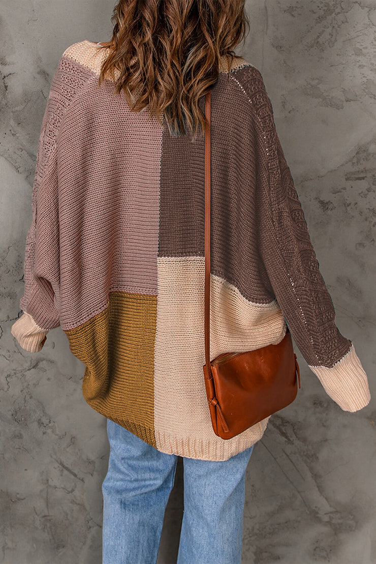 Color Block Cable-Knit Batwing Sleeve Cardigan - Ruby's Fashion