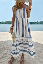 Geometric Print Tie-Shoulder Tiered Maxi Dress - Ruby's Fashion