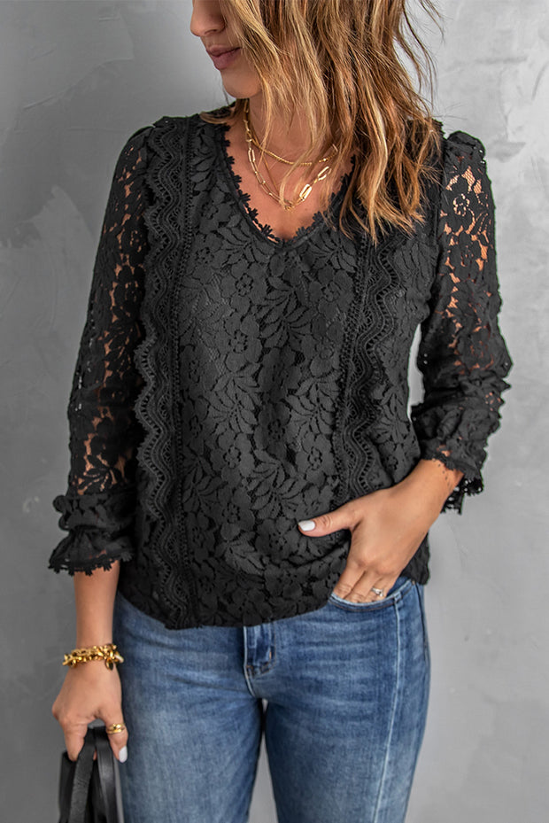 Lace Crochet V-Neck Flounce Sleeve Top - Ruby's Fashion