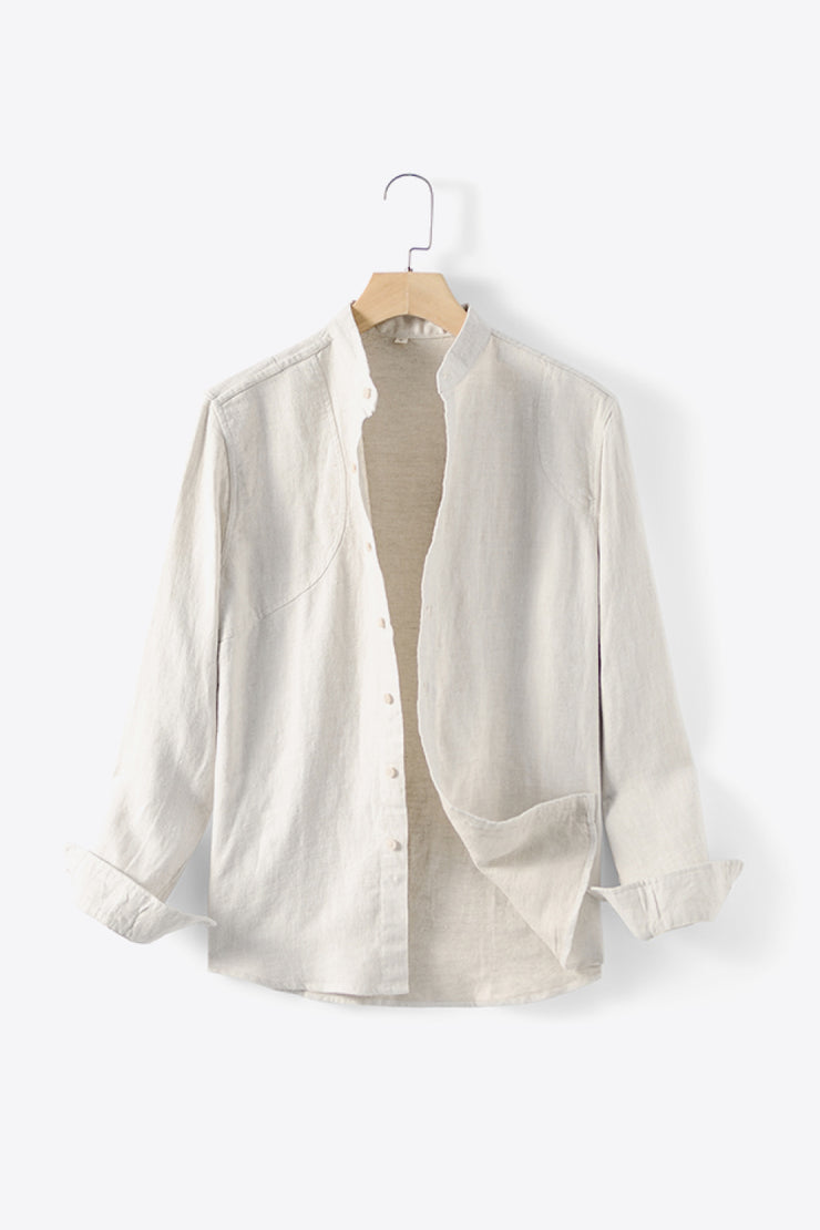 Buttoned Round Neck Long Sleeve Linen Shirt