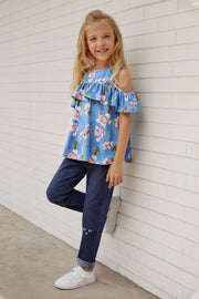 Girls Floral Cold-Shoulder Ruffled Top - Ruby's Fashion