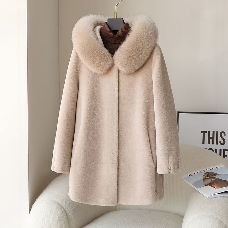 Women's Fox Fur Collar Hooded Sheep Shearling Coat - Ruby's Fashion