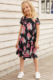 Girls Floral Round Neck Short Sleeve Dress with Pockets - Ruby's Fashion