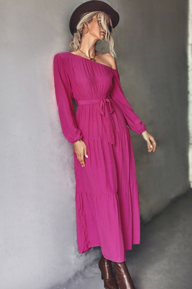 Belted One-Shoulder Tiered Maxi Dress - Ruby's Fashion