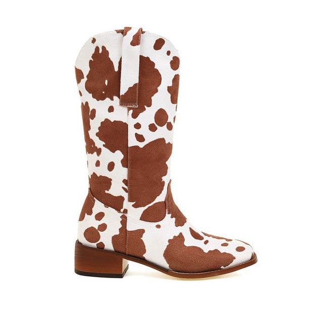 Women's Vintage Cow Print Block Heel Plus Size Rider Boots - Ruby's Fashion