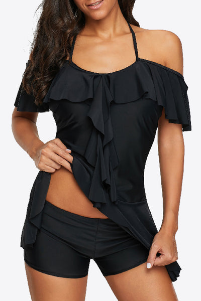 Ruffled Cold-Shoulder Two-Piece Swimsuit - Ruby's Fashion