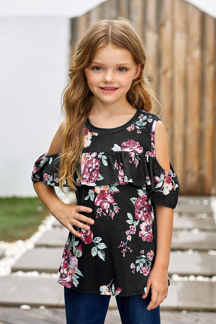 Girls Floral Cold-Shoulder Ruffled Top - Ruby's Fashion