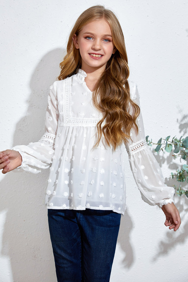 Girls Swiss Dot Spliced Lace Notched Blouse - Ruby's Fashion