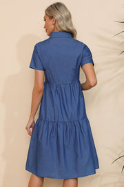 Short Sleeve Collared Button Down Denim Dress - Ruby's Fashion