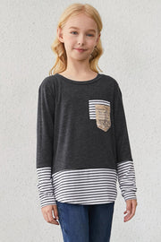 Girls Striped Color Block Sequin Pocket Top - Ruby's Fashion