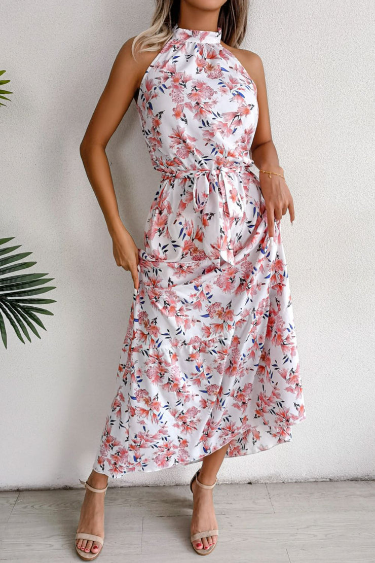 Floral Tie Waist Backless Maxi Dress - Ruby's Fashion