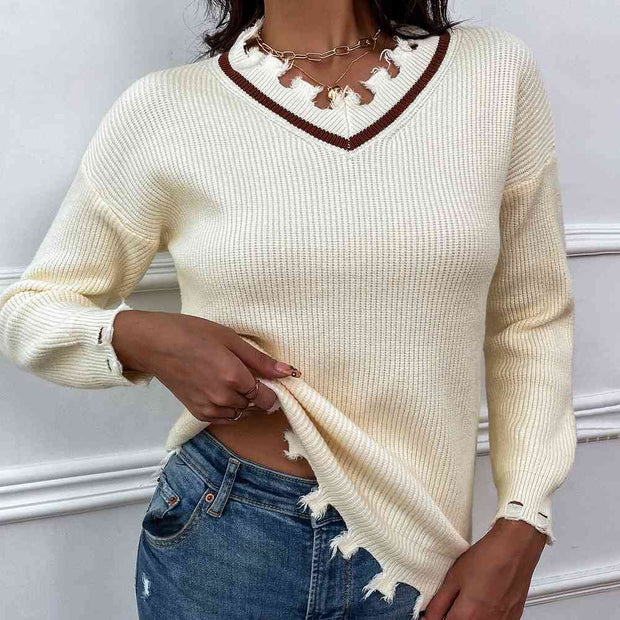 Frayed Detail V-Neck Sweater