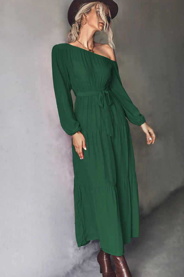 Belted One-Shoulder Tiered Maxi Dress - Ruby's Fashion