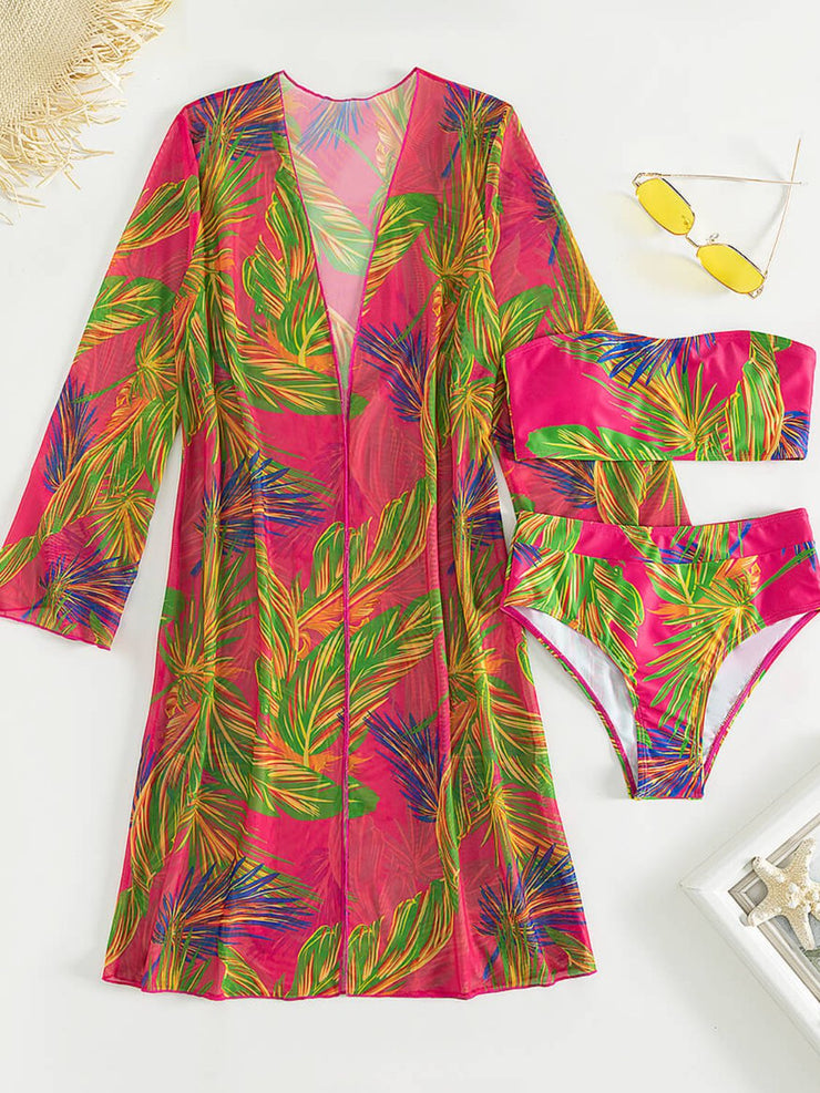 Botanical Print Tube Top, Swim Bottoms, and Cover Up Set - Ruby's Fashion