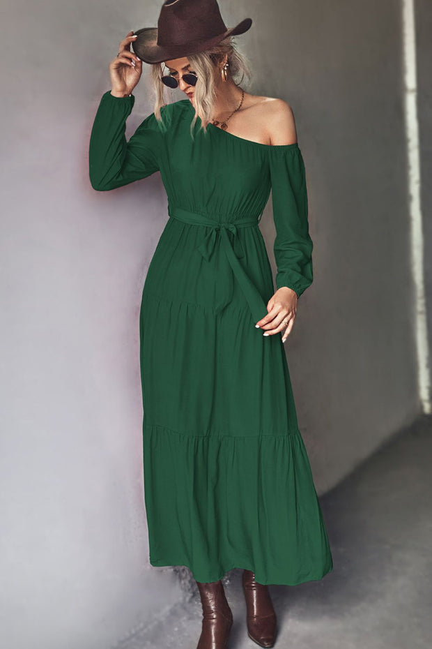 Belted One-Shoulder Tiered Maxi Dress - Ruby's Fashion