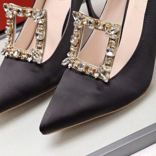 Women's Pointed Toe Square Buckle Rhinestone High Heels - Ruby's Fashion