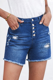 Buttoned and Frayed Denim Shorts - Ruby's Fashion