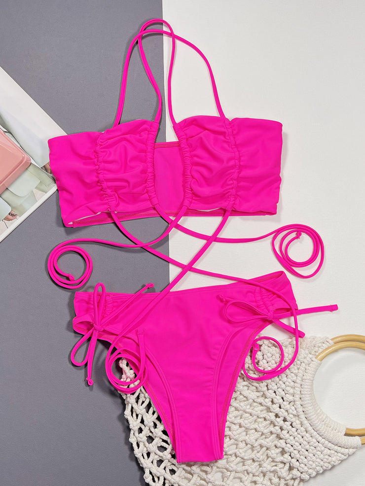 Halter Neck Drawstring Detail Bikini Set - Ruby's Fashion