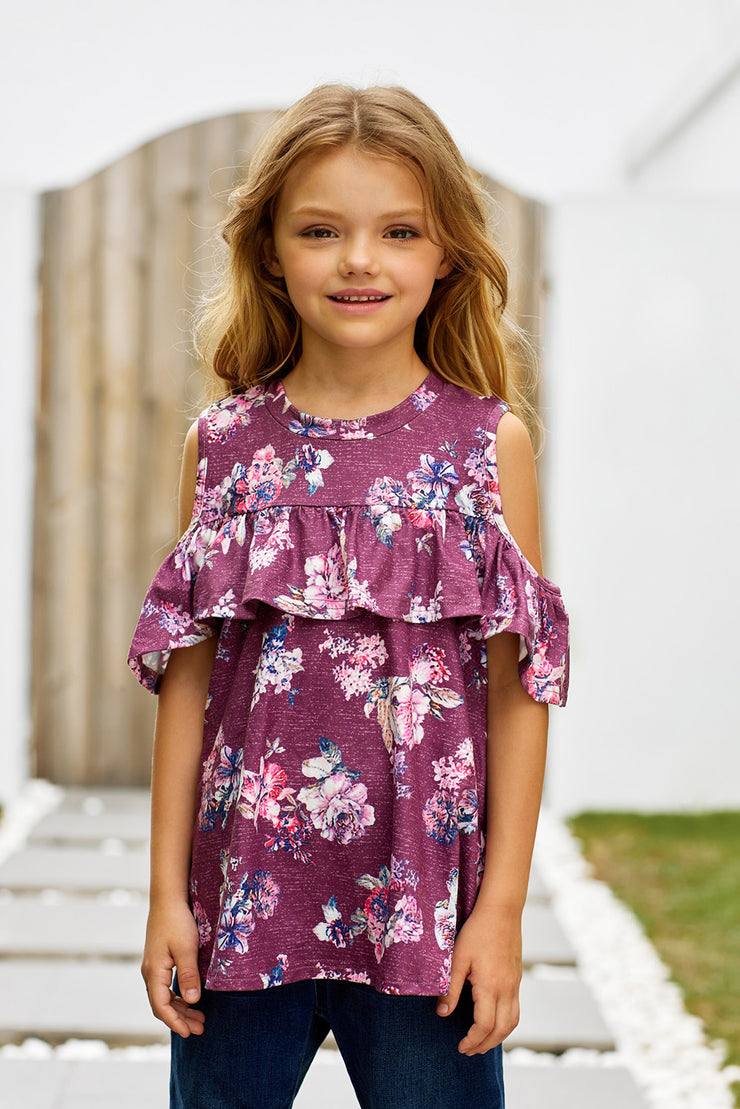 Girls Floral Cold-Shoulder Ruffled Top - Ruby's Fashion