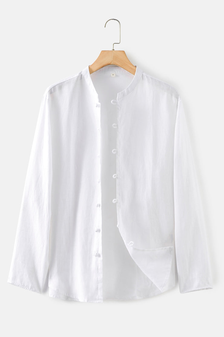 Buttoned Round Neck Long Sleeve Linen Shirt