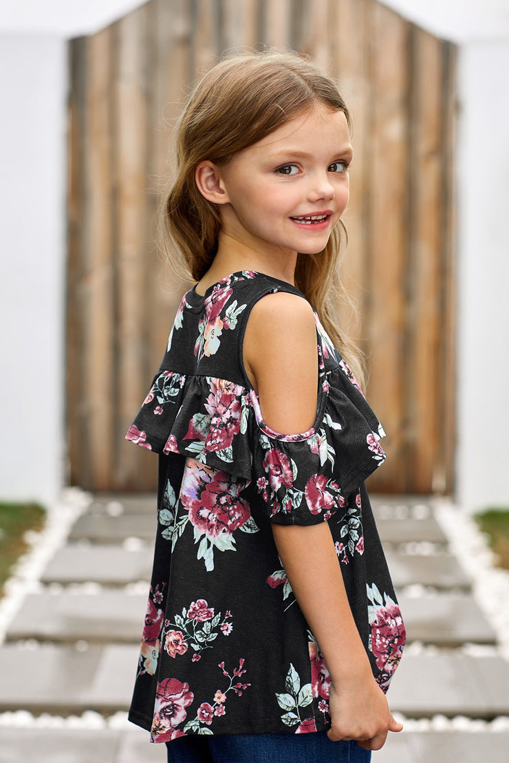 Girls Floral Cold-Shoulder Ruffled Top - Ruby's Fashion