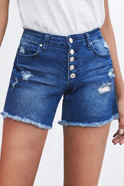 Buttoned and Frayed Denim Shorts - Ruby's Fashion