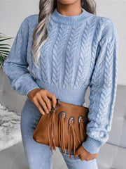 Cable-Knit Round Neck Cropped Sweater