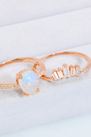 Natural Moonstone and Zircon 18K Rose Gold-Plated Two-Piece Ring Set - Ruby's Fashion