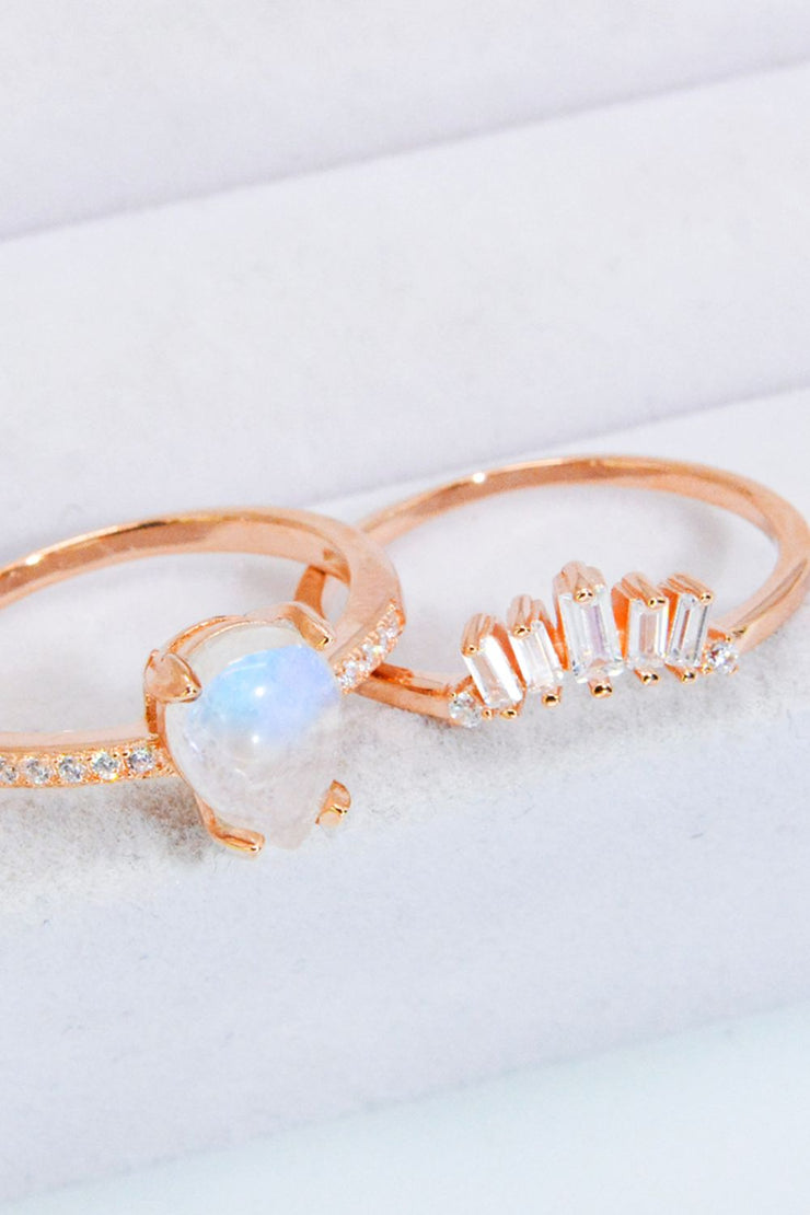 Natural Moonstone and Zircon 18K Rose Gold-Plated Two-Piece Ring Set - Ruby's Fashion