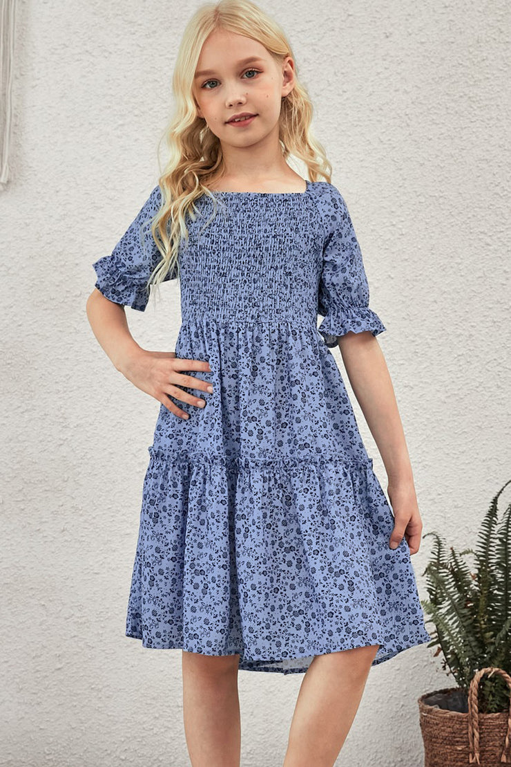 Girls Printed Smocked Flounce Sleeve Dress - Ruby's Fashion