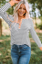 Striped Contrast Trim Quarter Snap T-Shirt - Ruby's Fashion