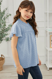 Girls Swiss Dot Smocked Flutter Sleeve Blouse - Ruby's Fashion