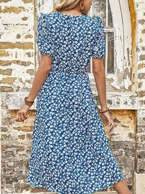 Floral Round Neck Split Midi Dress