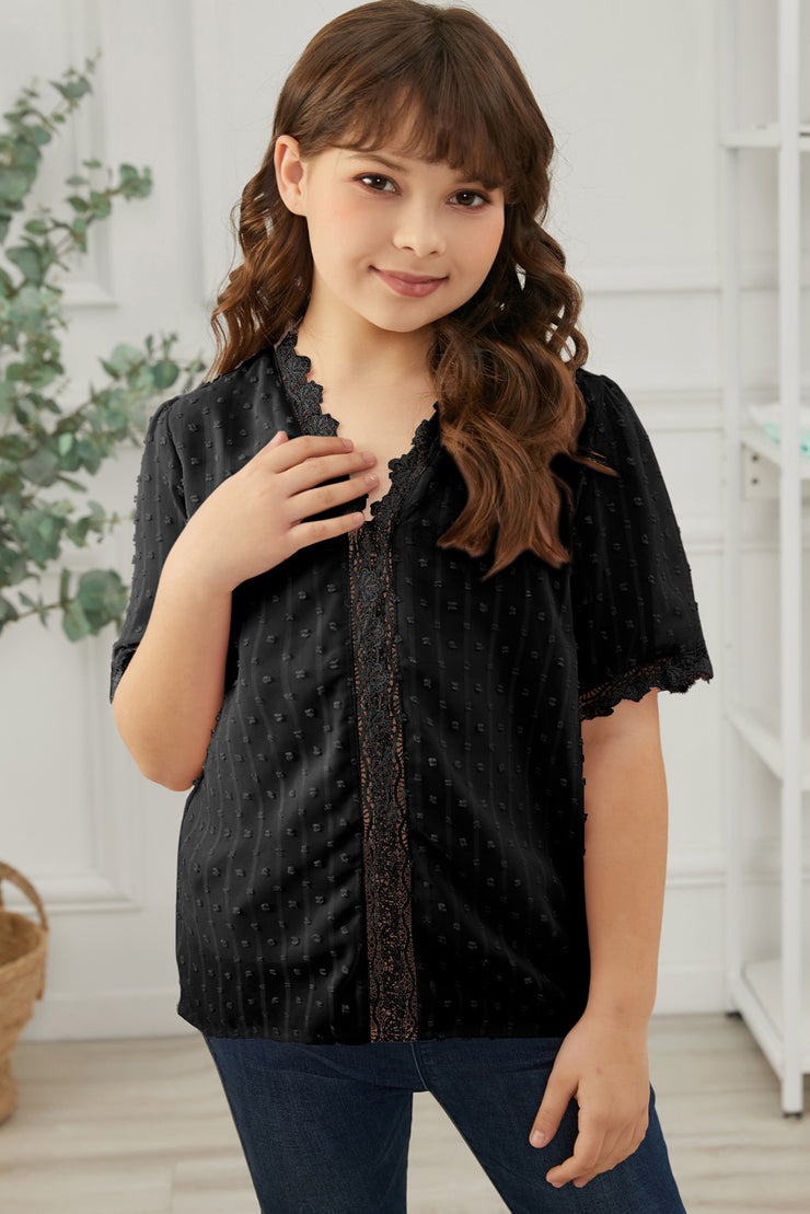 Girls Swiss Dot Spliced Lace Blouse - Ruby's Fashion