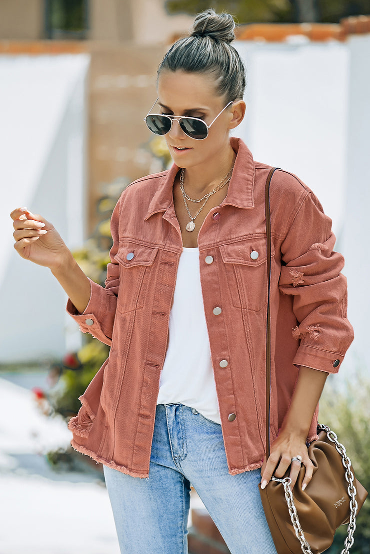 Distressed Raw Hem Denim Jacket - Ruby's Fashion