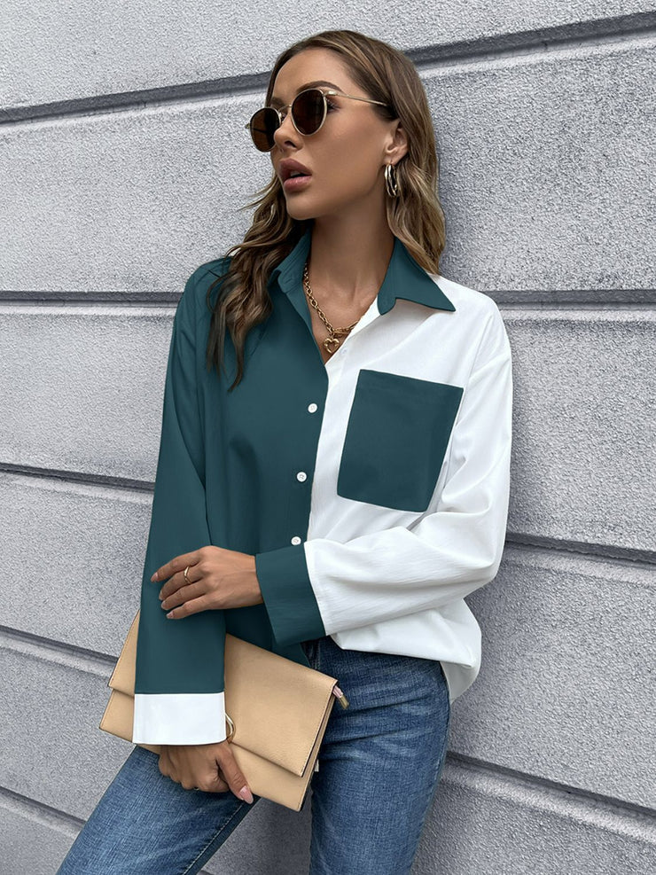 Color Block Button Down Shirt - Ruby's Fashion