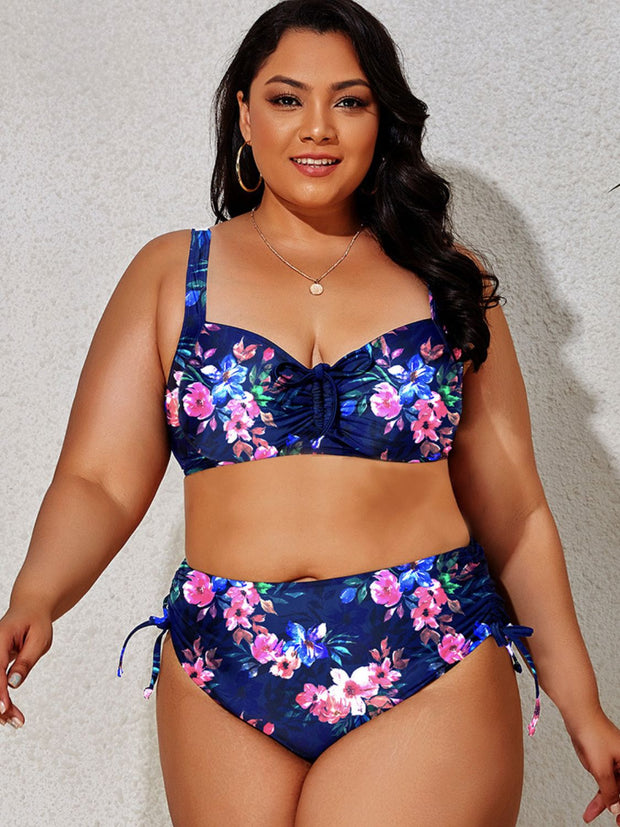 Plus Size Printed Drawstring Detail Bikini Set - Ruby's Fashion