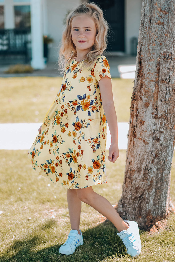 Girls Floral Round Neck Short Sleeve Dress with Pockets - Ruby's Fashion