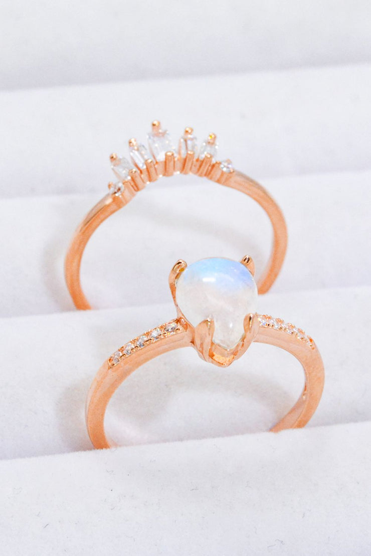 Natural Moonstone and Zircon 18K Rose Gold-Plated Two-Piece Ring Set - Ruby's Fashion