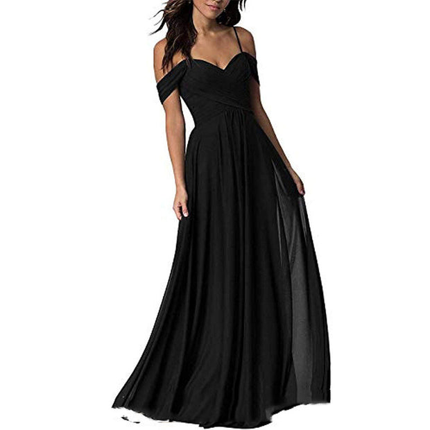 Women's Off Shoulder Chiffon A-line Pleated Bridesmaid Dress - Ruby's Fashion