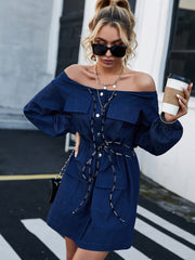 Off-Shoulder Drawstring Denim Dress with Pockets - Ruby's Fashion