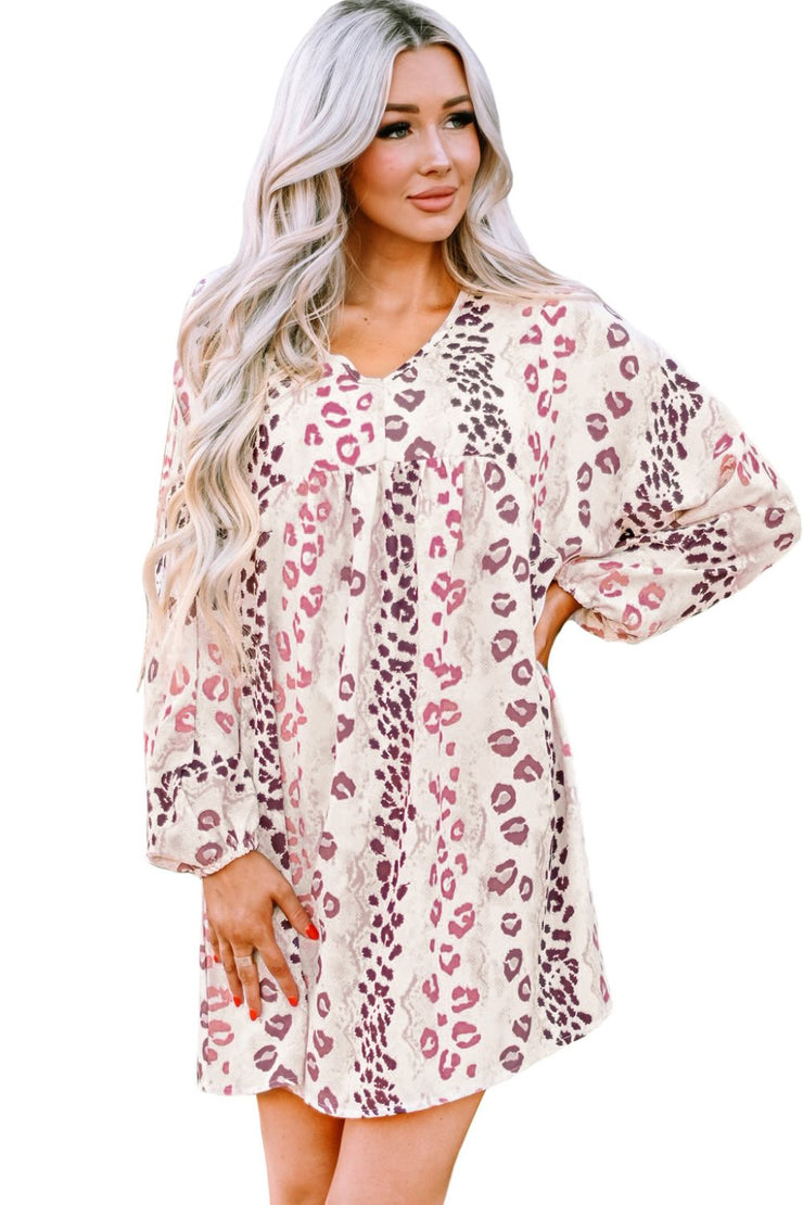 Leopard V-Neck Balloon Sleeve Babydoll Dress - Ruby's Fashion