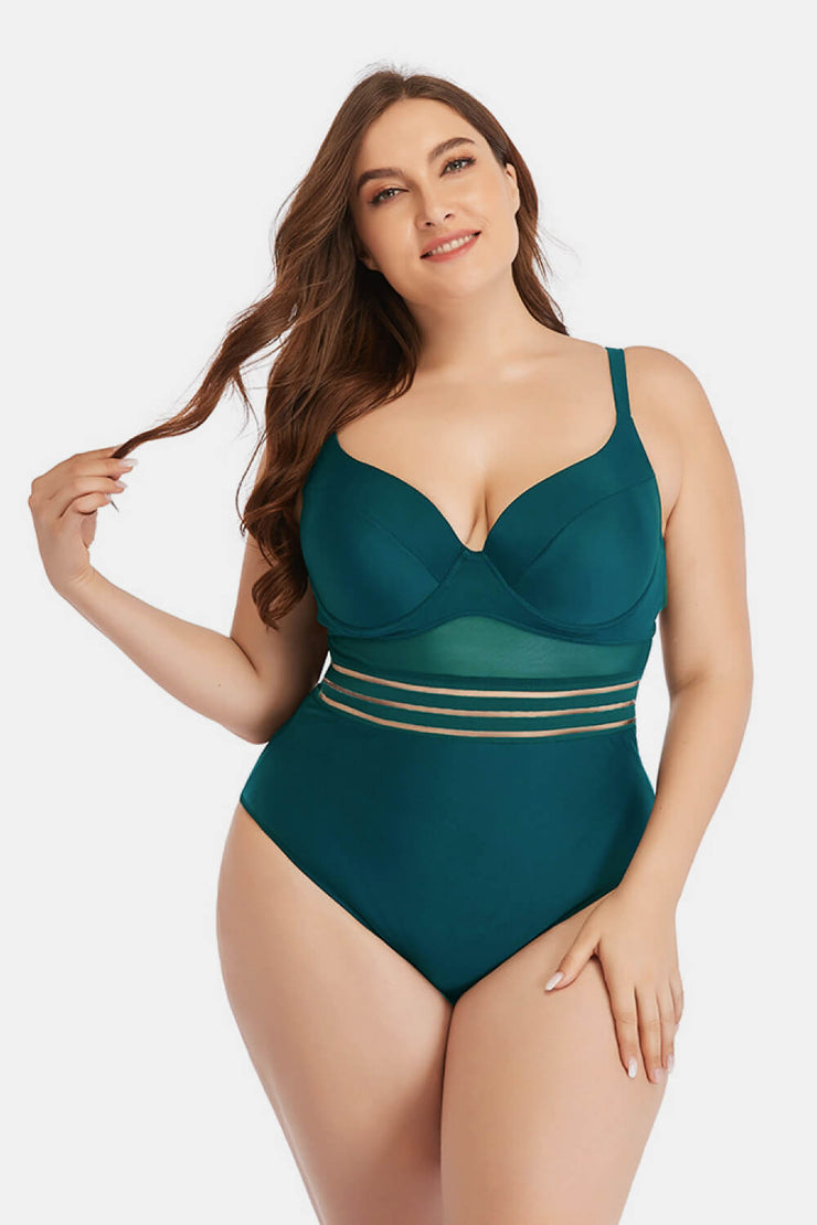 Plus Size Spliced Mesh Tie-Back One-Piece Swimsuit - Ruby's Fashion