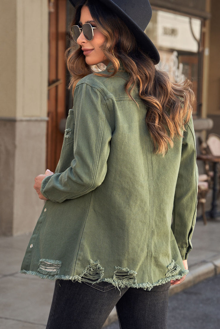 Distressed Snap Down Denim Jacket - Ruby's Fashion