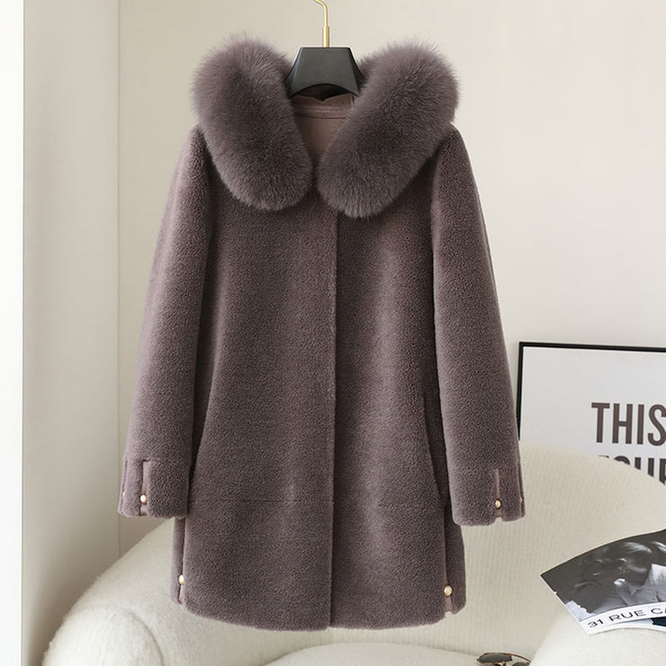 Women's Fox Fur Collar Hooded Sheep Shearling Coat - Ruby's Fashion