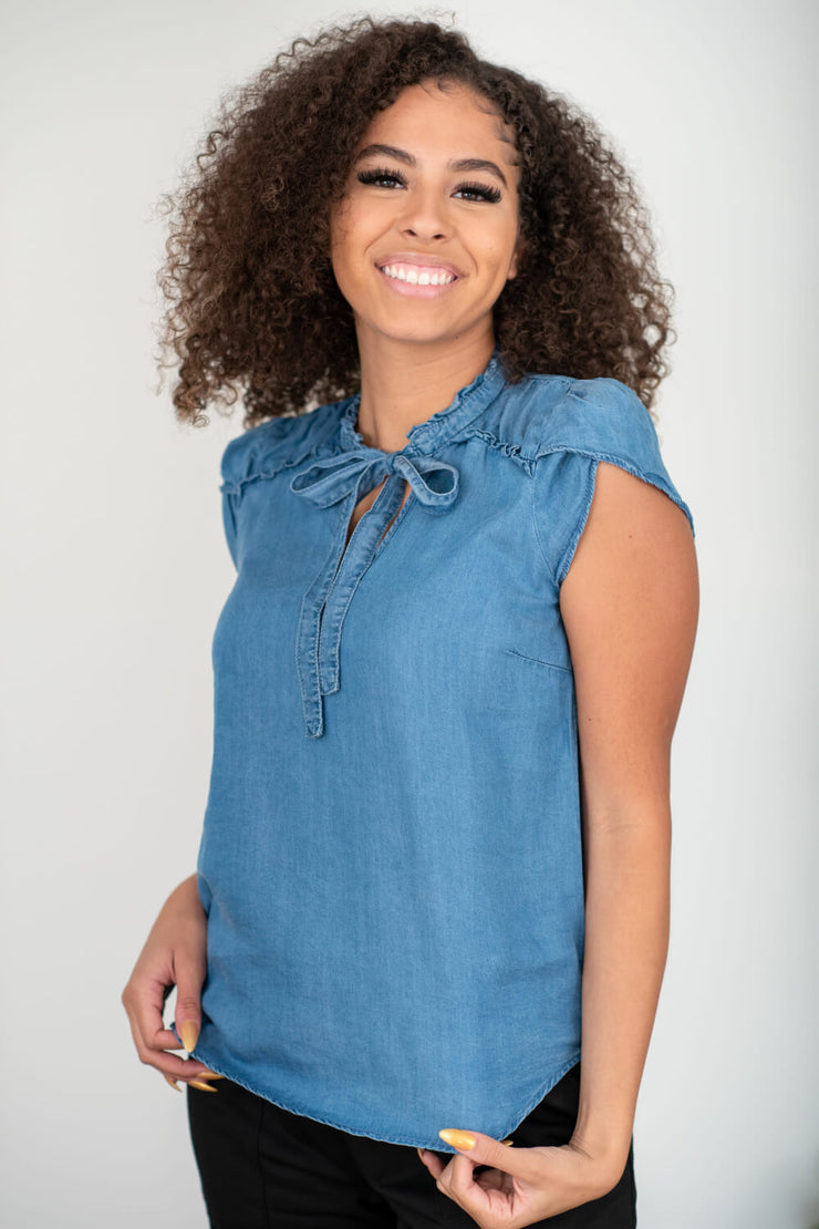 SHOPIRISBASIC Getting To Know You Tie-Front Denim Top - Ruby's Fashion