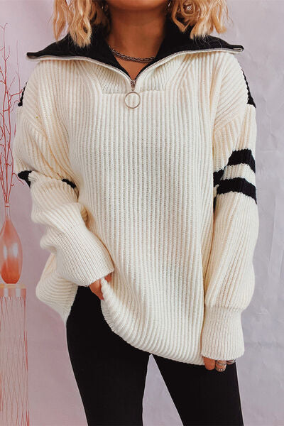 Quarter Zip Striped Dropped Shoulder Sweater